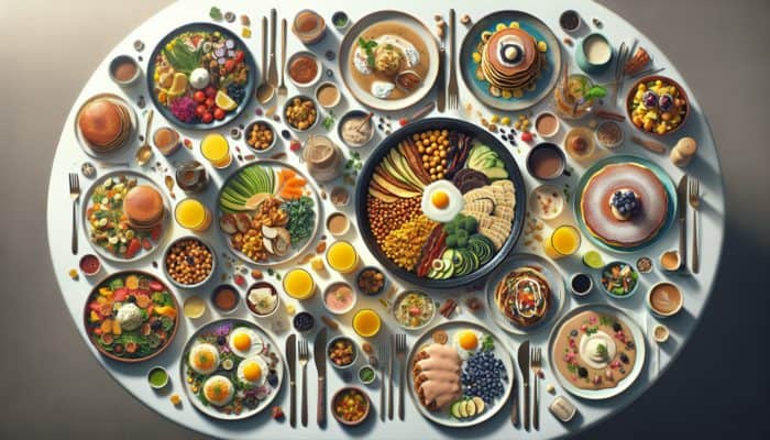 A colourful brunch spread featuring plant-based and globally inspired dishes, reflecting current culinary trends.