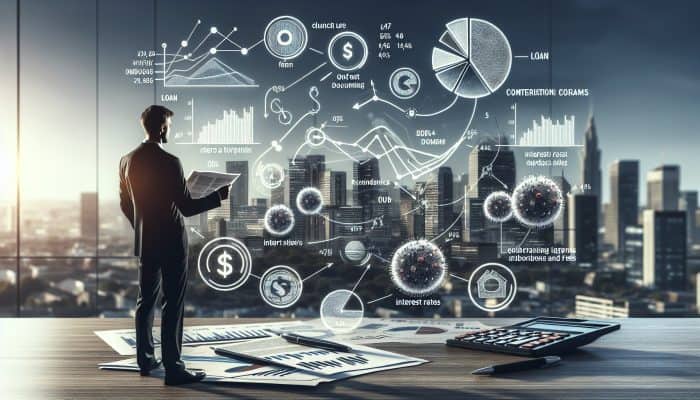 Debt Consolidation for Business Debt: UK Solutions | DCL A businessman analysing loan documents with charts and graphs in a modern office, city skyline visible.