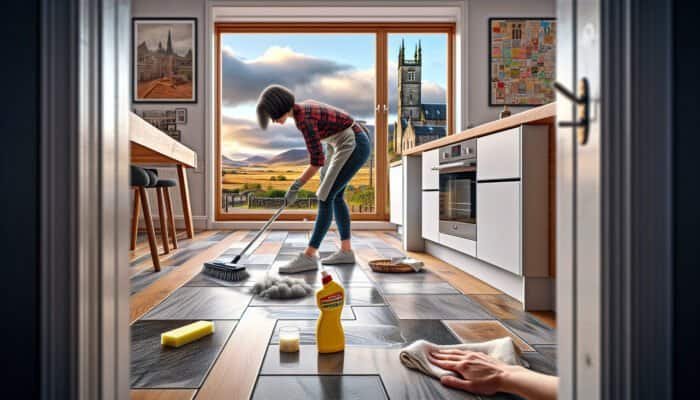 A person diligently cleaning grout haze from kitchen floor tiles in West Dunbartonshire, set against a backdrop of traditional Scottish architecture.