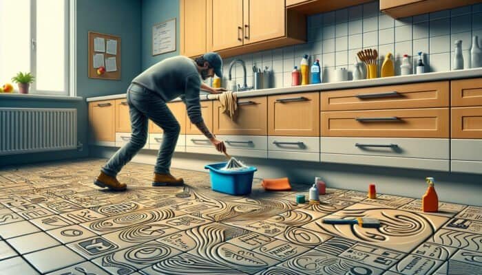 Individual in West Dunbartonshire carefully cleaning grout haze from kitchen tiles.