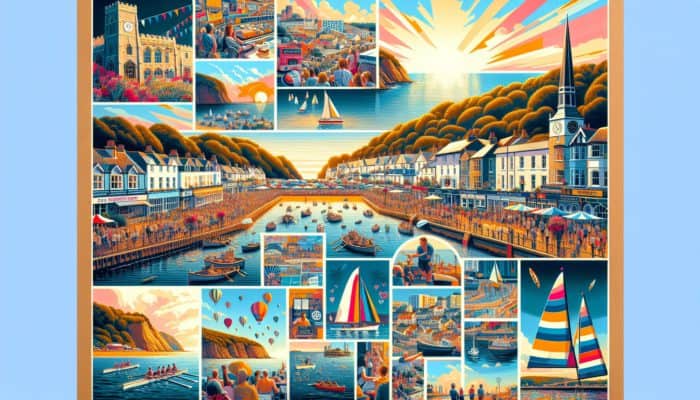 A vibrant collage showcasing Sidmouth's Folk Festival, regatta, local landmarks, and a business's community engagement.