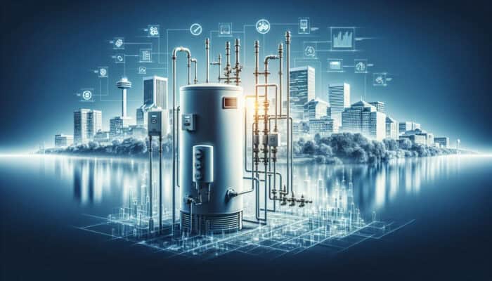 Water Heater Services in Richmond: A modern water heater system schematic with labelled components against Richmond's skyline.