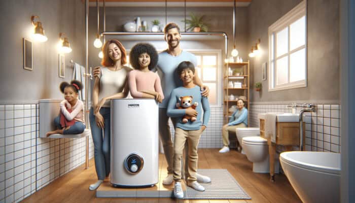 A modern tankless water heater in a Richmond home's cosy bathroom, replacing an old tank model, resulting in lower energy bills.