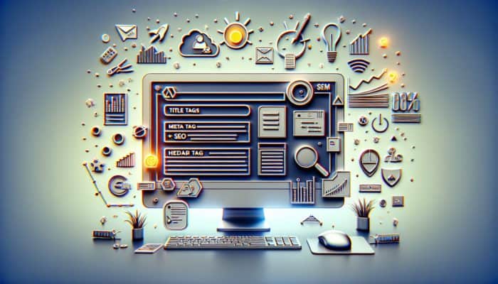 On-Page SEO in Blandford Forum for Small Business: A computer screen showcasing a web page featuring SEO elements such as title tags and analytics graphs.