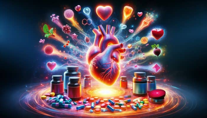 Reviewing Nitric Oxide Boosters: Vibrant nitric oxide supplements swirling around a glowing heart, symbolising enhanced blood flow and vitality.