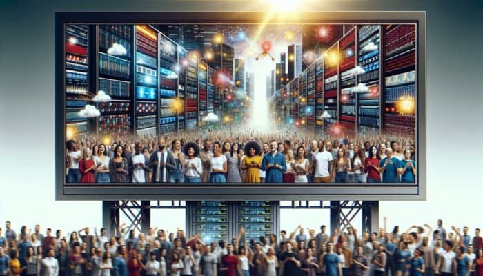 Marketing Hosting With Support Knowledge Bases: A vibrant digital billboard with marketing content, surrounded by diverse, smiling people, with servers in the background.