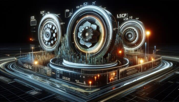 Optimising Core Web Vitals for SEO: A futuristic interface with gauges for LCP, FID, CLS, showing website performance in a neon-lit tech setting.