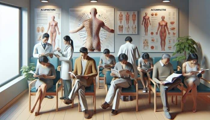 NHS clinic waiting room where patients are informed about the integration of acupuncture into modern medicine.