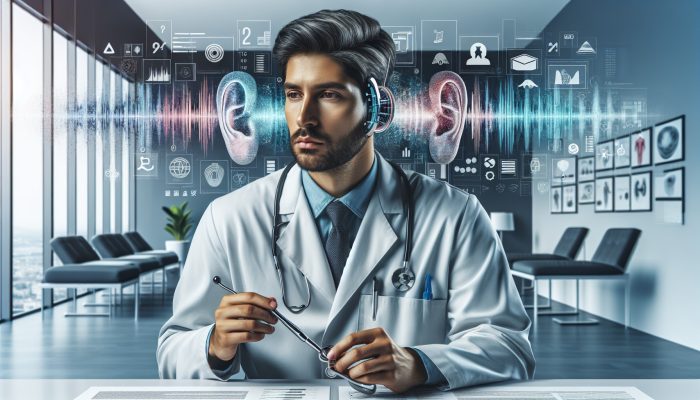 A male audiologist testing hearing with advanced equipment in a modern clinic, surrounded by prevention posters.