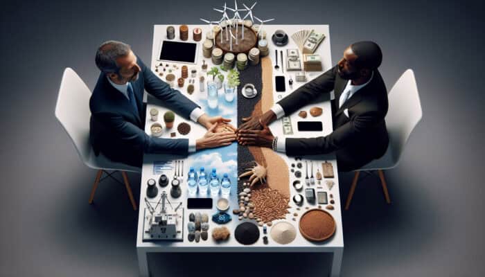 Two individuals shaking hands over a table filled with resources, representing a successful partnership.