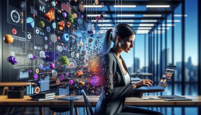 Researcher analyzing US BBQ brand marketing strategies with market reports, social media analytics, and brand discussions in a modern office.