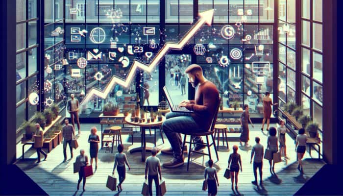 Copper Service: A local shop owner updating website on laptop amidst busy store, showing increased foot traffic and better search rankings.