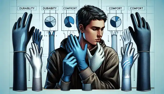 A person in Wrexham comparing vinyl glove brands, analysing cost, quality, durability, and comfort with charts and feedback.