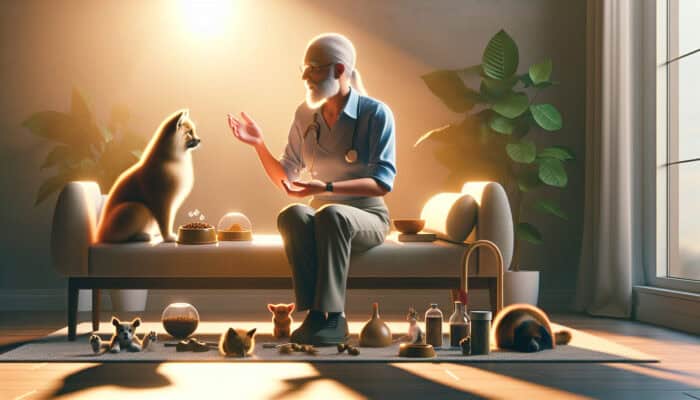 A mentor guiding a new pet owner, improving pet health and behaviour in a supportive setting.