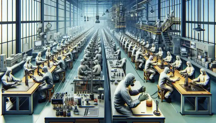 Workers in Goole lab conducting tests on safety gloves using advanced equipment for quality and durability assurance.