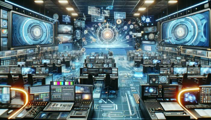 A futuristic video editing studio featuring AI tools, 360-degree screens, mobile devices, VR headsets, live streaming, and social media formats.