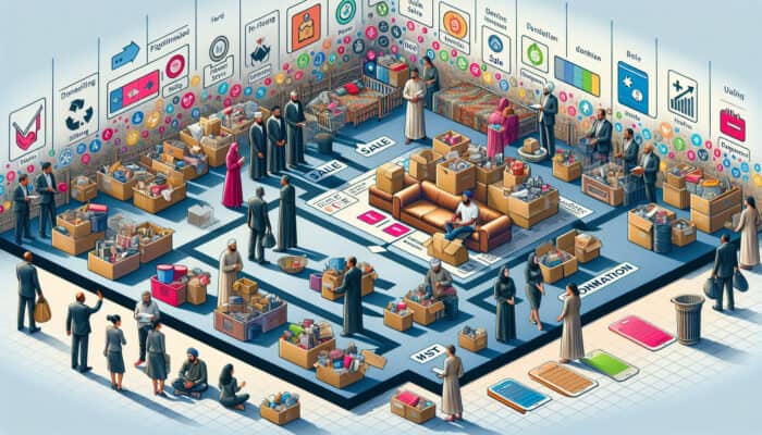 Home clearance scene with items sorted into sale, donation, and waste categories, color-coded labels, negotiations, and online browsing.