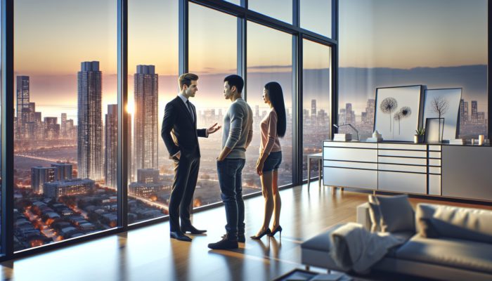 A real estate agent presenting a couple with a modern home in Standerton showcasing city views.