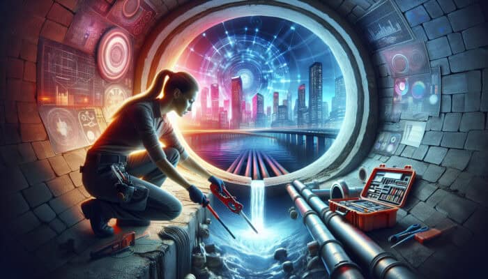 A plumber working in a neon-lit sewer tunnel in Port Moody, repairing a pipe using advanced tools with a cityscape in the background.