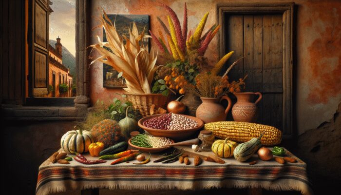 Corn, beans, chiles, and squash displayed on a rustic Mexican table, representing the essence of San Miguel de Allende's traditional cuisine.