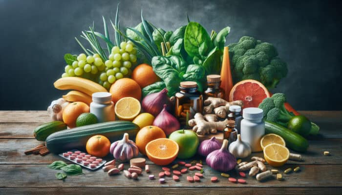 A vibrant still life of immune-boosting foods including citrus, garlic, ginger, and greens on a rustic table with vitamins.