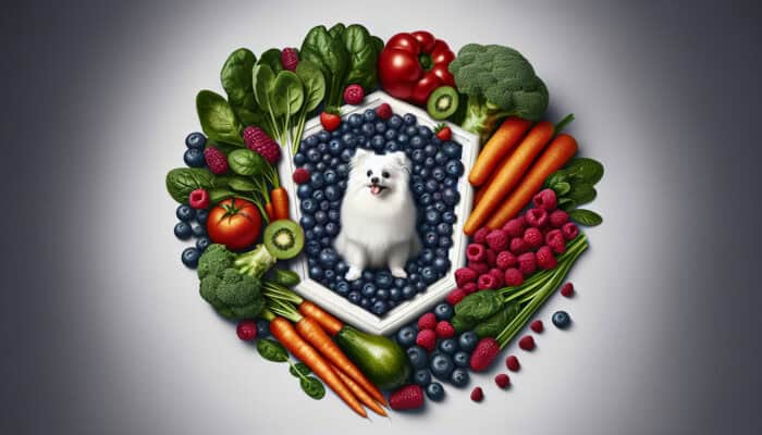 A vibrant shield of antioxidant-rich fruits and vegetables safeguarding a healthy, glowing pet.