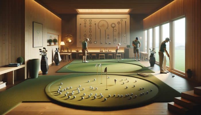 A serene home golf setup with experts demonstrating techniques on an indoor putting green, surrounded by instructional charts.