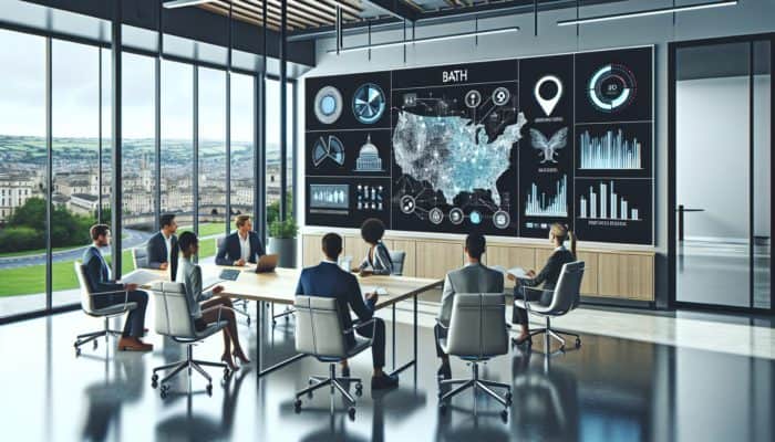 Contemporary office in Bath featuring a digital city map, SEO analytics, and a team collaborating on local business optimisation.