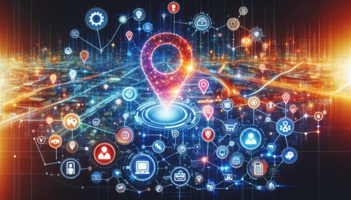 A vibrant digital map of Bath showcasing highlighted business locations and glowing icons representing online platforms and directories.
