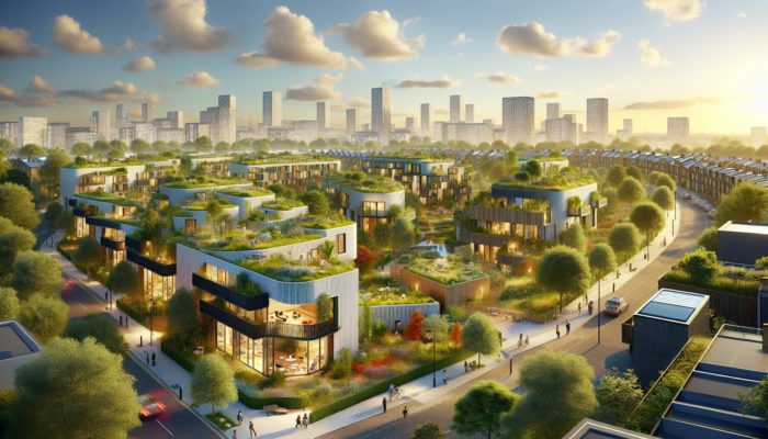 A vibrant East London neighbourhood with sustainable homes and green spaces, appealing to eco-conscious remote workers.