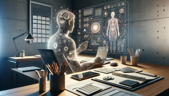 A person using a computer to delegate tasks to a virtual assistant, surrounded by schedules and productivity tools in a modern office.