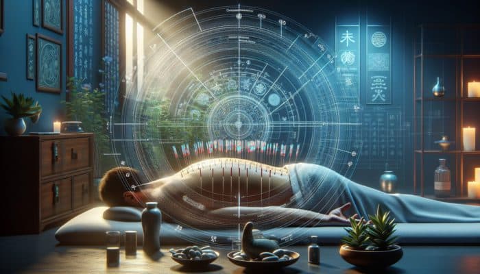 Acupuncture for Postoperative Pain: A serene acupuncture session with needles on a patient's back, surrounded by traditional Chinese medicine symbols.