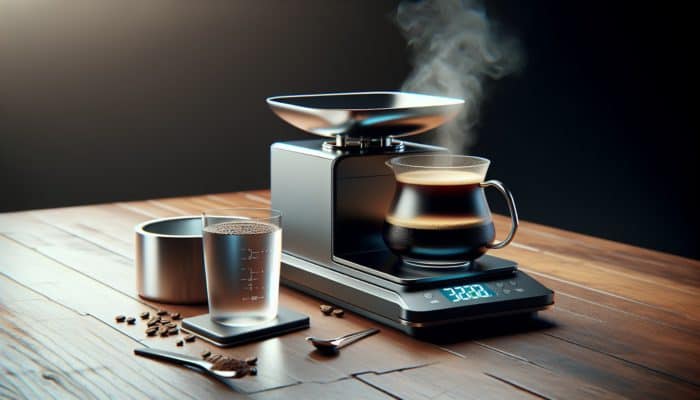 A modern coffee scale showing grams, with coffee and water on a wooden table, emphasizing brewing precision.