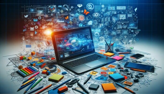 A laptop displaying Pinterest with vibrant sticky notes and sketches surrounding it, illustrating video pin creation strategies.