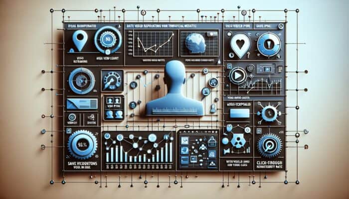 A digital dashboard illustrating video pin metrics including views, saves, and click-through rates, being analysed by a user.