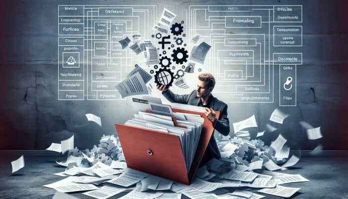 Debt Consolidation Loan Stories from Freelancers: UK Experiences | DCL Debt Consolidation Loan Stories from Freelancers: Freelancer consolidating scattered invoices into a single folder labelled 'Debt Consolidation'.