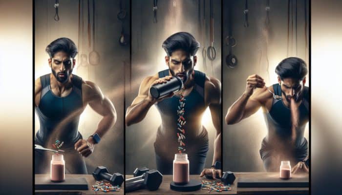 An individual in athletic wear taking supplements before, during, and after HIIT, surrounded by sports equipment.