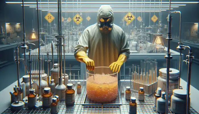 Extra Long Rubber Gloves UK: Person in lab using extra long rubber gloves to handle chemicals safely.