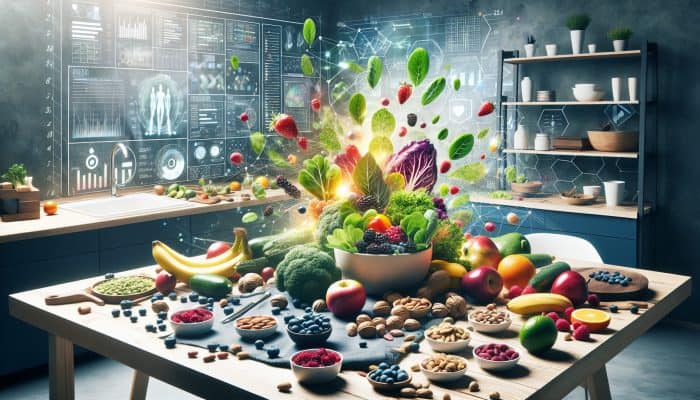 Nutrition for Chronic Fatigue: Vibrant, nutrient-rich foods like greens, berries, nuts, representing energy and vitality against chronic fatigue syndrome.