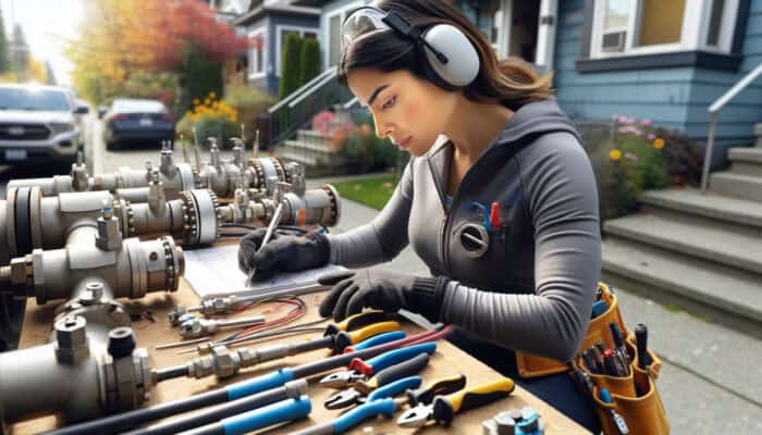 A technician in Kitsilano maintaining natural gas lines with tools in a clear, organized setting under varying weather.