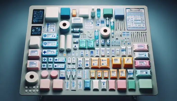 A variety of medical tissue wipes on a clinical table, neatly organized and labelled.