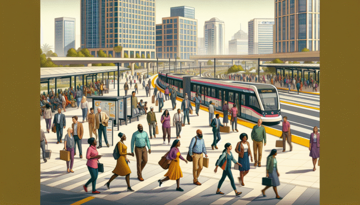 A vibrant city scene in Centurion showcasing residents utilizing frequent and reliable public transit within a 1-kilometer radius.