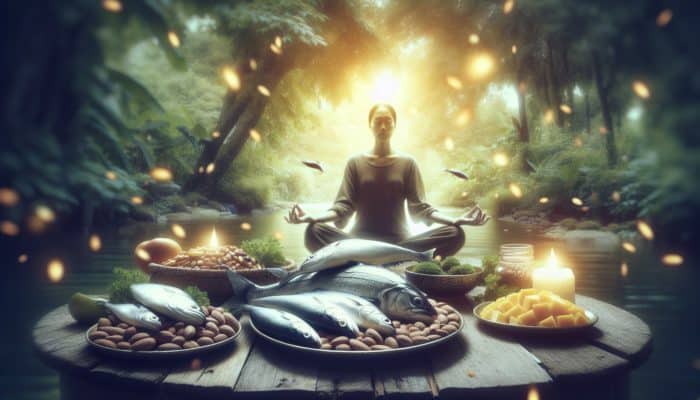 A person meditating in a tranquil garden with omega-3 rich foods, symbolizing enhanced mood and mental resilience.
