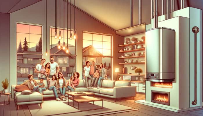 A modern boiler in a cozy Port Coquitlam living room, ensuring safety and efficiency for a happy family.