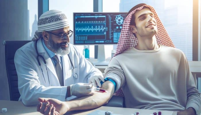 A nurse in a Birmingham clinic performs a ferritin blood test on a relaxed patient, with minimal bruising and sterile tools ensuring safety.