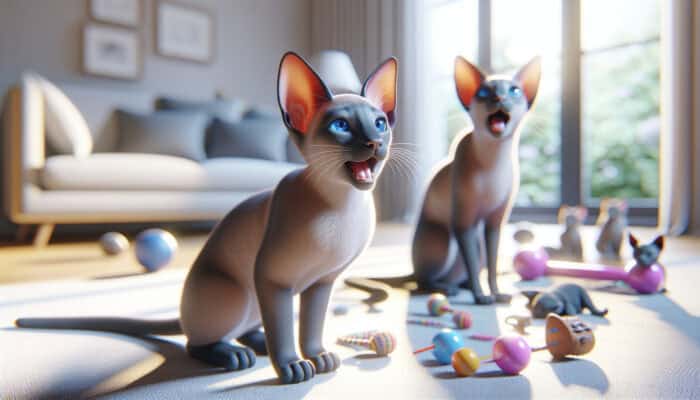 Oriental Shorthair kitten with vibrant blue eyes mewing softly in a sunlit home, surrounded by toys and family, while an adult cat vocalises nearby.